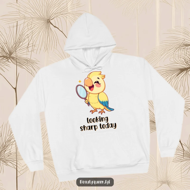 Funny parrot hoodie with a joyful parrot smiling widely while holding a mirror, offering cozy warmth and a celebration of self-admiration.