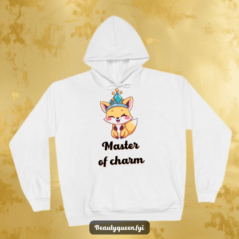Funny happy fox in a bejeweled hat, winking playfully, featured on a comfortable and humorous hoodie.