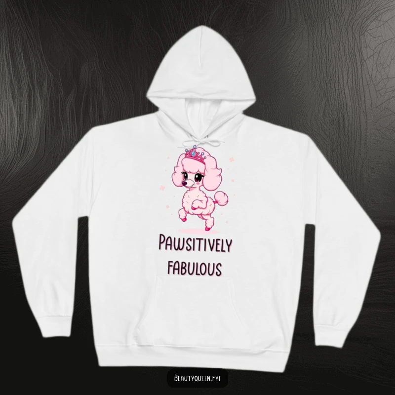 Funny poodle hoodie with a design of a fluffy pink poodle wearing a tiara and scattering sparkles, offering cozy glamour.