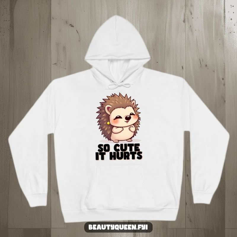 Funny giggling hedgehog wearing tiny earrings, performing a curtsy on a soft and warm hoodie.