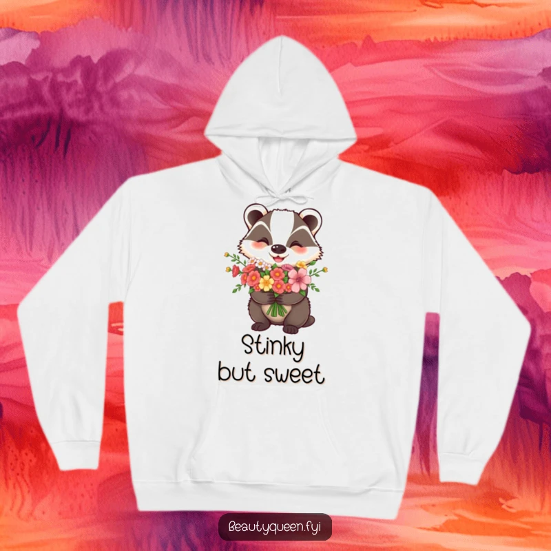 Funny Hoodie: A cheerful badger proudly presents a beautiful flower bouquet, inspiring warmth and happiness.