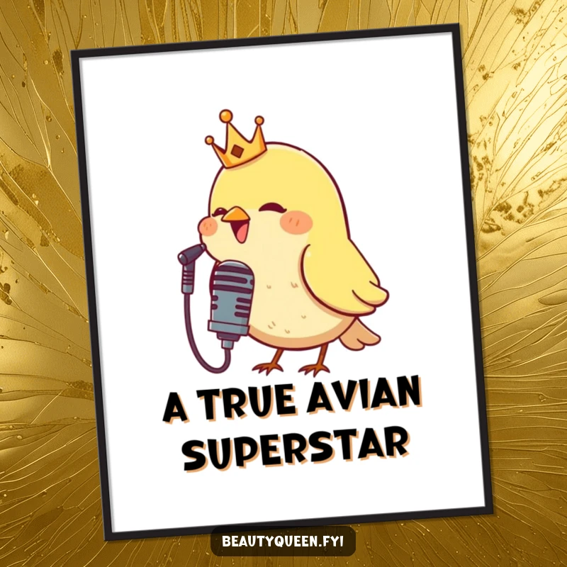 Funny Free Printable Wall Art: A small bird wearing a golden crown belts out a tune into a vintage microphone.