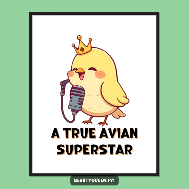 Free Printable Wall Art: Crowned Bird Singing into Mic, Hilarious Downloadable Decor