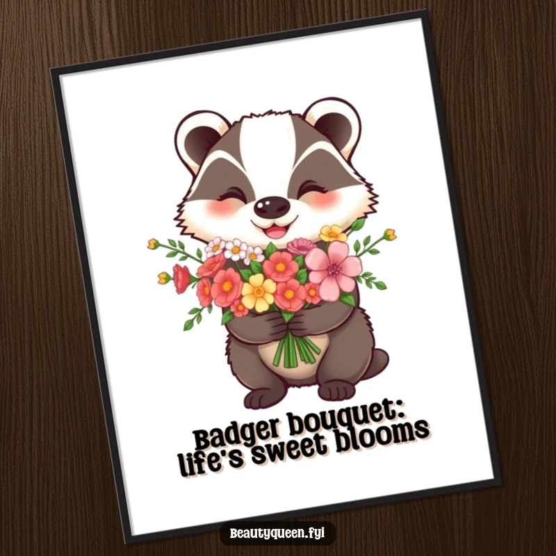 Funny Free Printable Wall Art: A cheerful badger joyfully holds a large bouquet of colorful flowers.