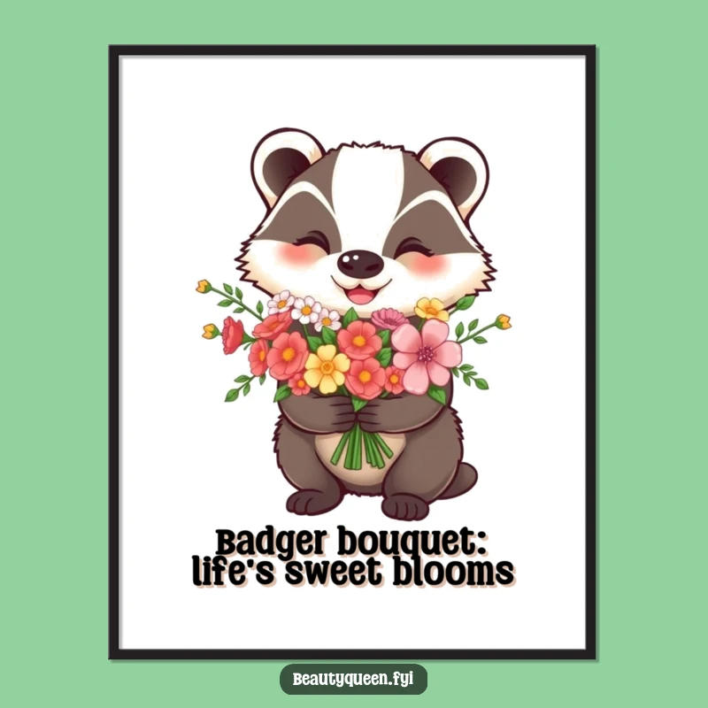 Free Printable Wall Art: Happy Badger Flower Bouquet Funny Downloadable Decor