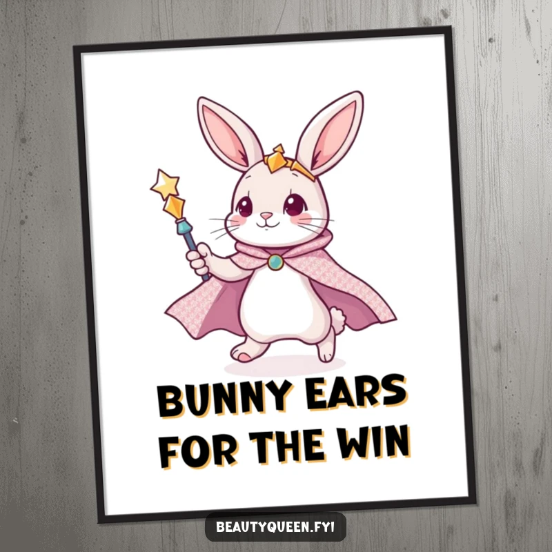 Funny Free Printable Wall Art: A cute bunny in a glittering cape zooms with a scepter, a magical and humorous downloadable art piece.