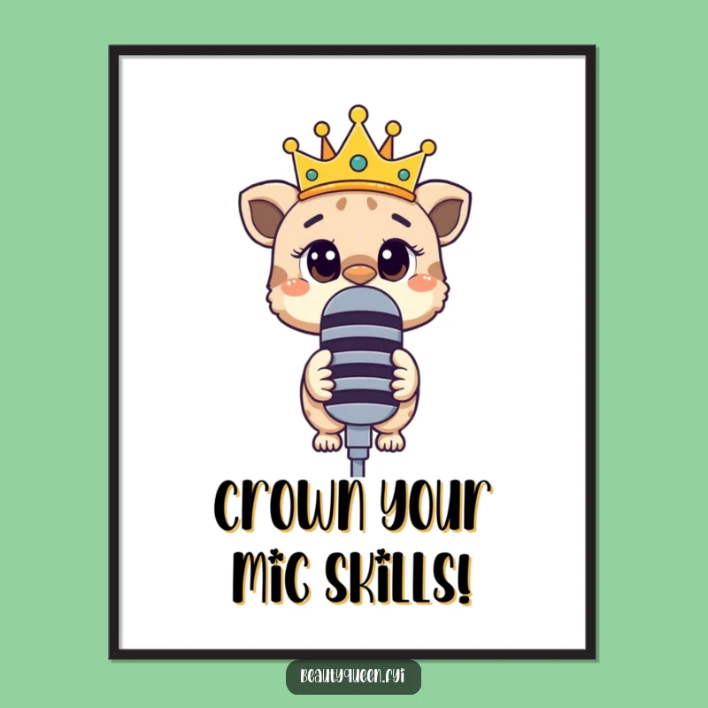 Funny Free Printable Wall Art: Curious Animal with Crown and Mic, Quirky Decor
