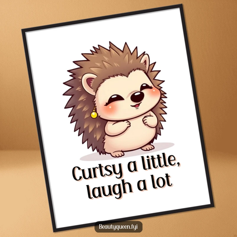 Funny free printable wall art: A giggling hedgehog wearing tiny earrings, mid-curtsy, radiating cuteness and whimsical charm for a happy room.