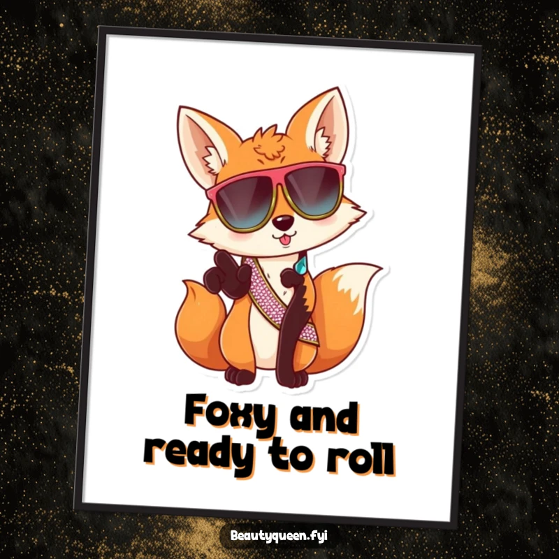Funny Free Printable Wall Art: A sassy fox confidently sports oversized sunglasses and a sparkly sash, pointing a paw forward with undeniable cool.