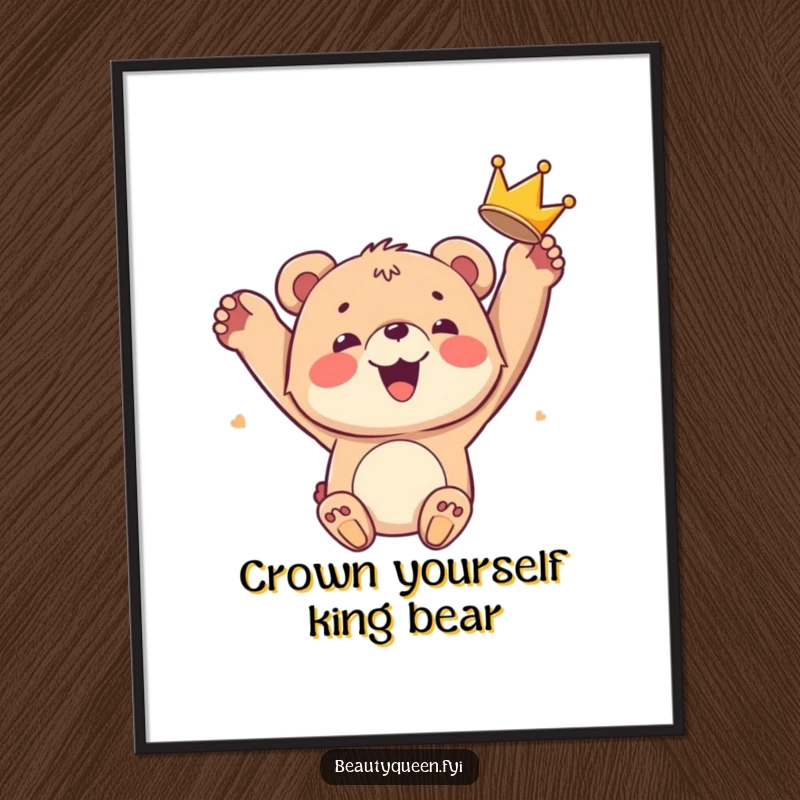 Funny Free Printable Wall Art: A smiling bear cub joyfully tosses a crown in the air, a downloadable symbol of pure happiness.