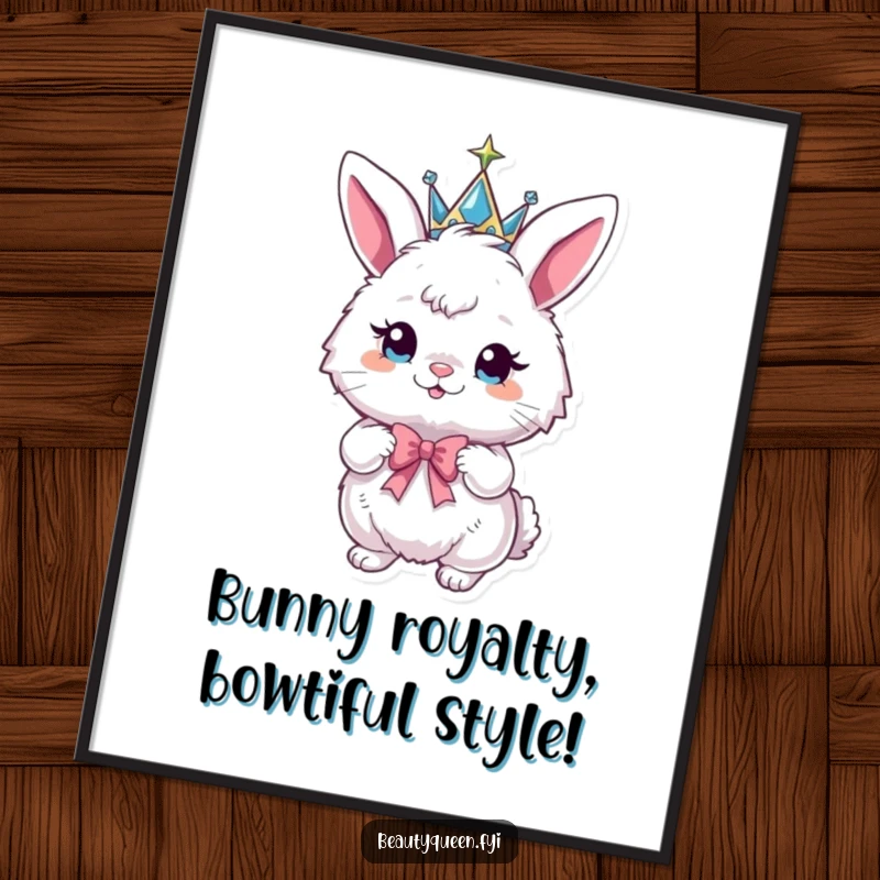 Funny Free Printable Wall Art: Fluffy bunny wears a sparkly crown and strikes a playful pose with a bow.