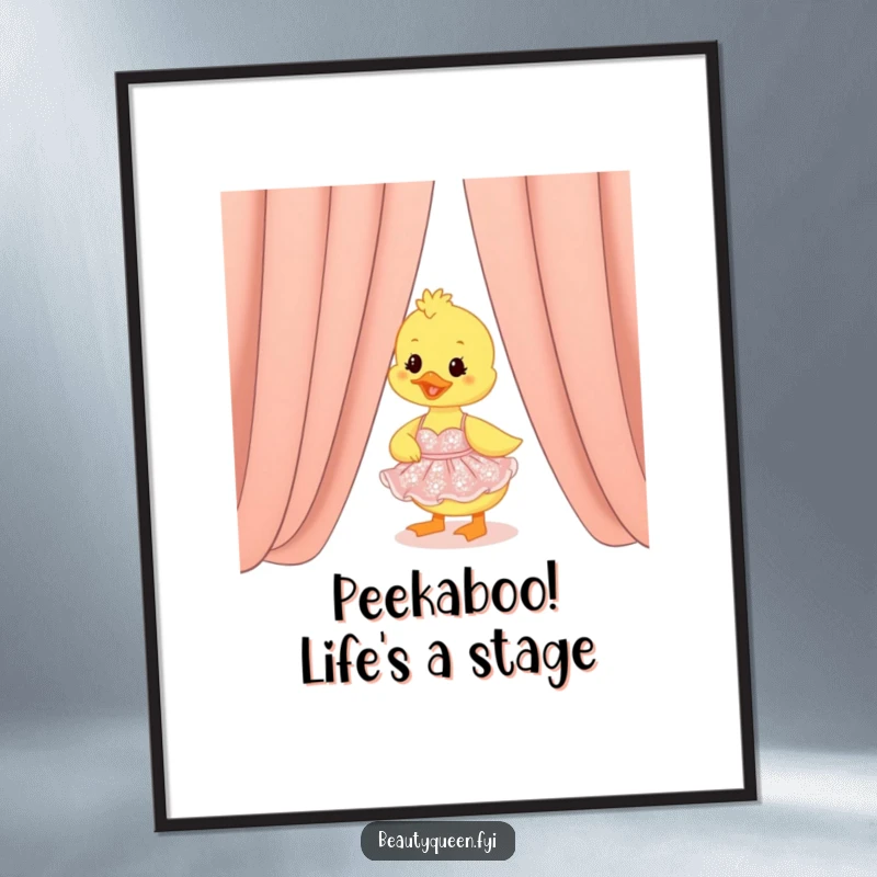 Funny Free Printable Wall Art of a cheerful duckling in a shimmery dress peeking playfully from behind a grand theater curtain.