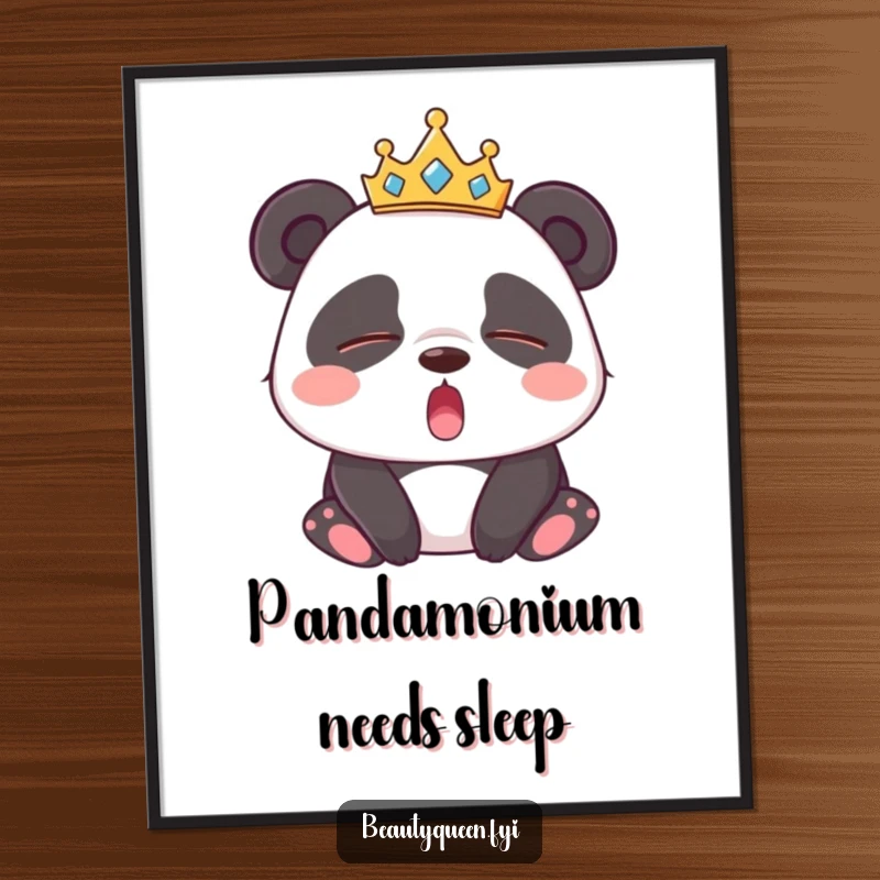 Funny free printable wall art: a cute panda wearing a tiara, yawning widely with eyes closed, conveying pure sleepy bliss.