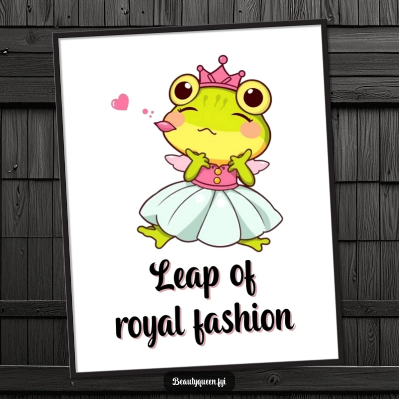 Funny Free Printable Wall Art: a delightful frog wearing a princess dress and blowing a kiss.