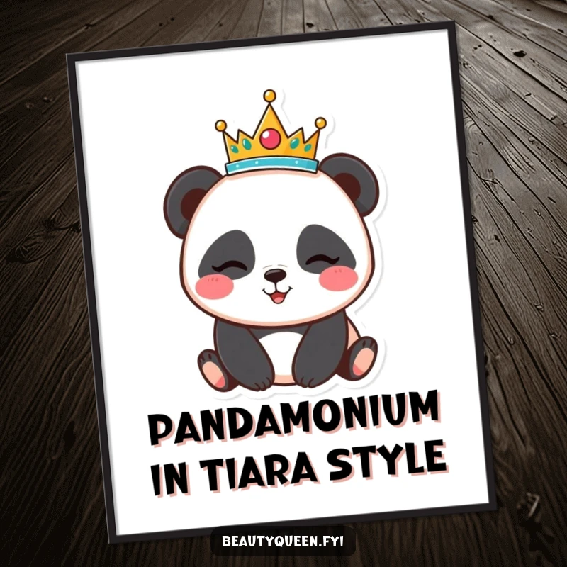Funny Free Printable Wall Art: A cheerful panda gracefully balancing a miniature tiara on its head while giving a playful wink, adding whimsy.