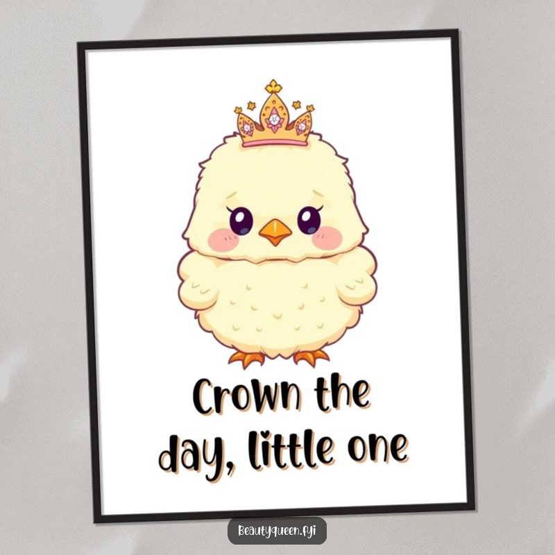 Funny Free Printable Wall Art of a fluffy chick with a tiny, sparkly tiara humorously askew, looking incredibly sweet and charming.