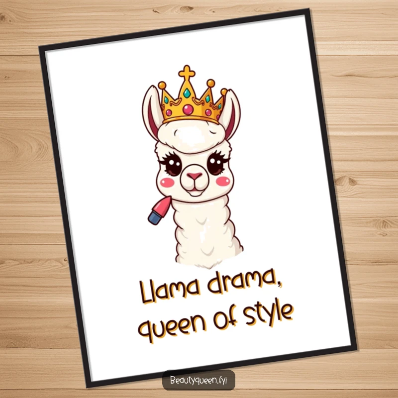 Funny Free Printable Wall Art: Playful Llama queen with tilted crown and lipstick, striking a silly, sassy pose.