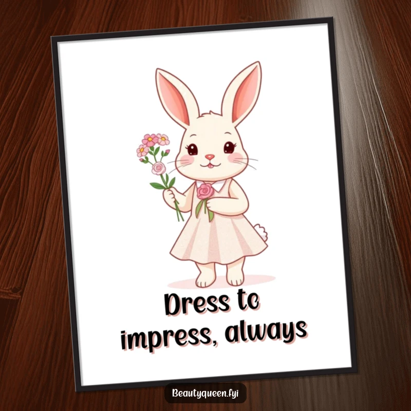 Funny Free Printable Wall Art: A rabbit adorned in a sparkly dress holds a tiny bouquet, adding charm.