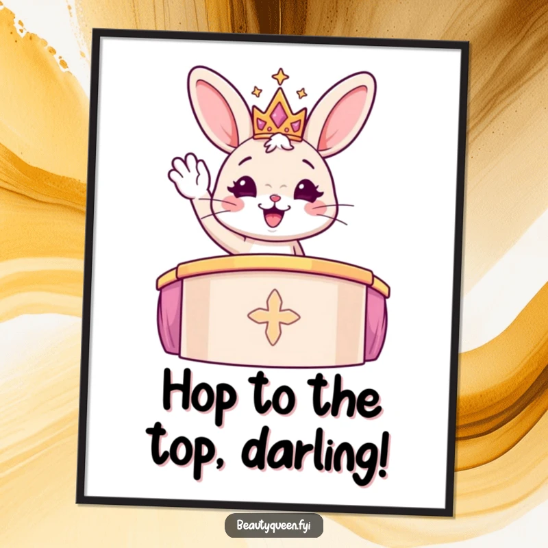 Funny Free Printable Wall Art: A cheerful bunny wearing a sparkly tiara stands proudly on a podium, radiating joy.