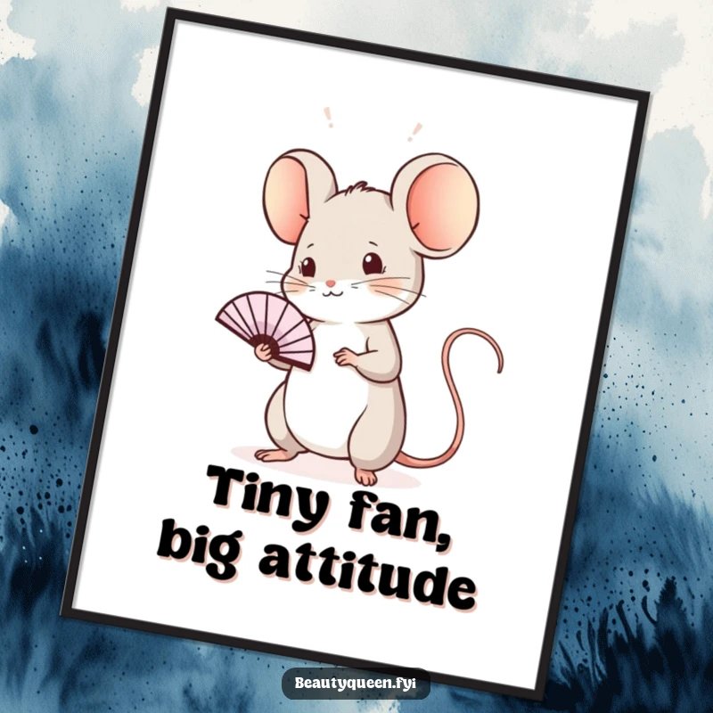 Funny Free Printable Wall Art: A sweet mouse practices a regal wave with a tiny fan, adding elegant humor to your walls.