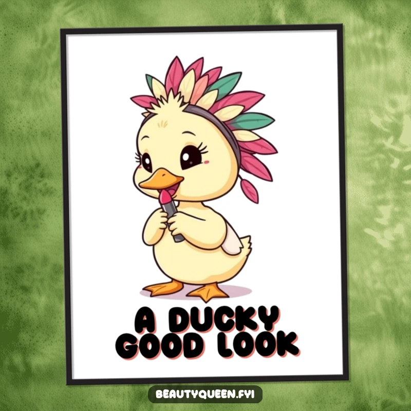 Funny free printable wall art depicting a stylish duckling in a dramatic feathered headdress, posing with a bright red lipstick.