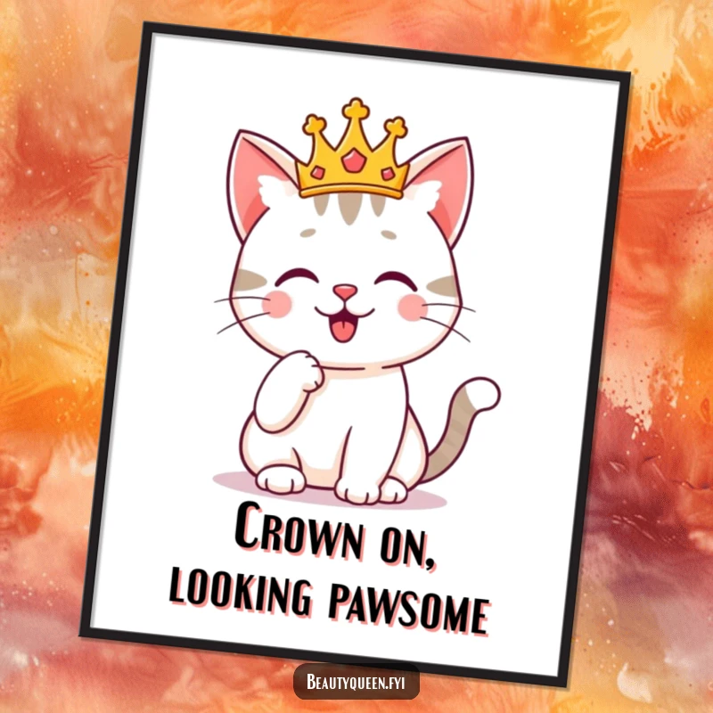 Funny Free Printable Wall Art: A cheerful cat wearing a tiny crown poses with a paw on its chin, offering downloadable sophistication.