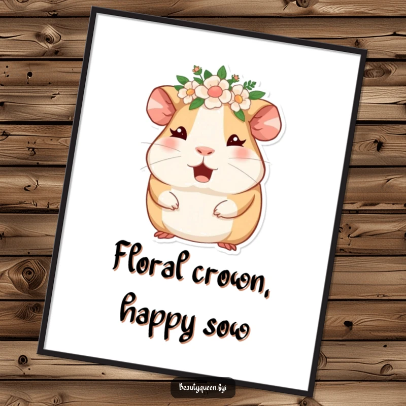 Funny Free Printable Wall Art: A giggling guinea pig adorned with a floral crown winks enthusiastically, bringing downloadable charm and cheer.