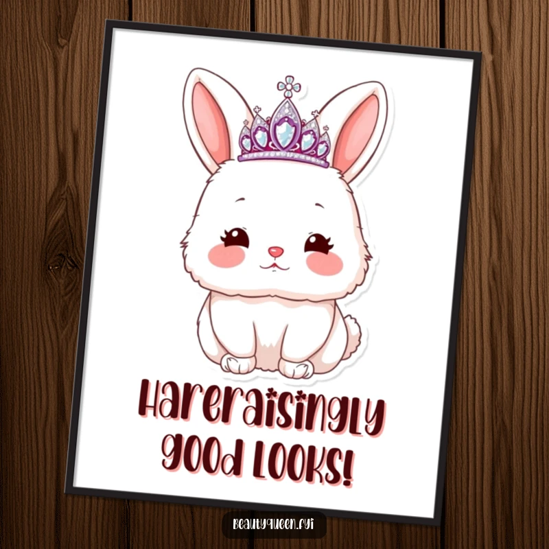 Funny Free Printable Wall Art: fluffy rabbit wearing a tiara, blowing a kiss, rosy cheeks, downloadable art, cute decor, DIY gift.