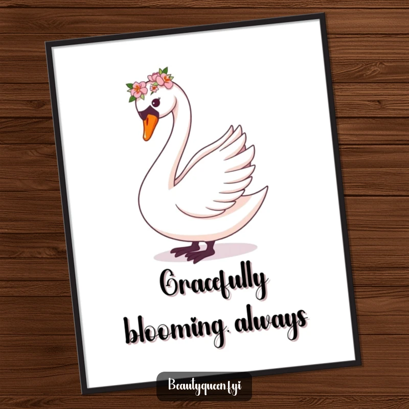 Funny Free Printable Wall Art of a graceful swan performing a charming curtsey, wearing a beautiful flower crown with artistic flair.