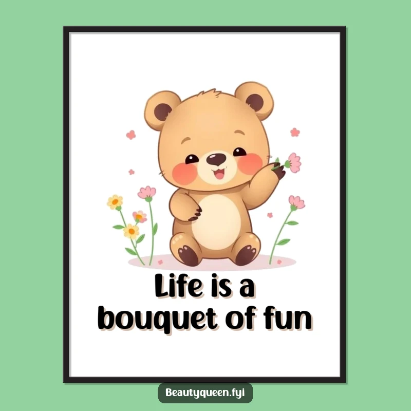 Free Printable Wall Art: Bear Cub Juggling Flowers, Whimsical Downloadable Decor
