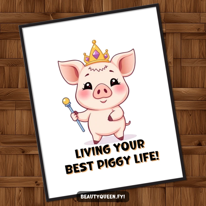 Funny Free Printable Wall Art: smiling piglet wearing a pastel tiara, posing elegantly with a scepter, downloadable art, quirky decor, DIY gift.