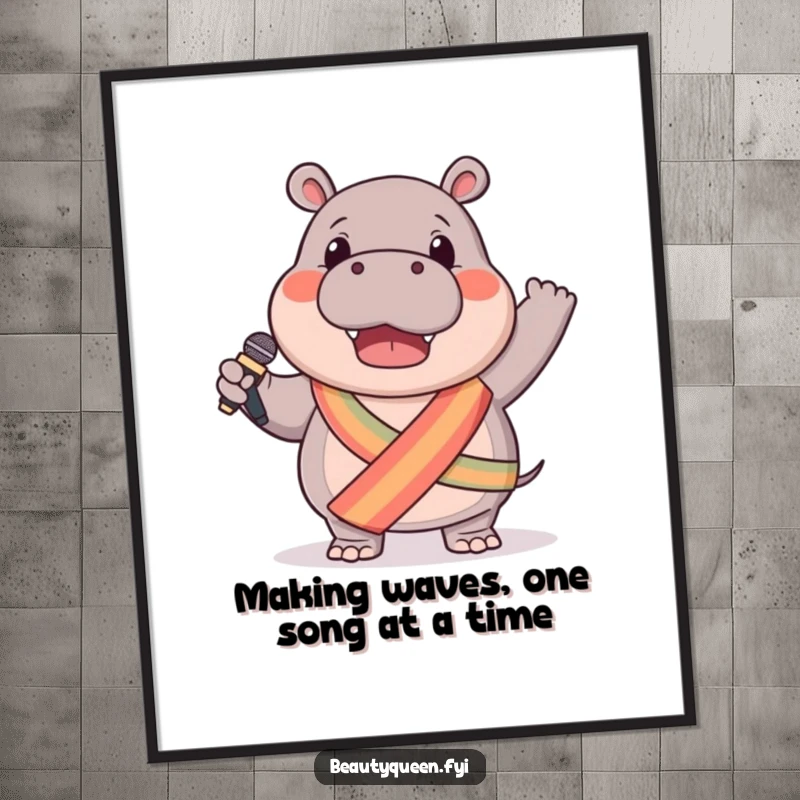 Funny Free Printable Hippo Wall Art: A hippo in a sash holding a microphone, ready to perform and entertain.