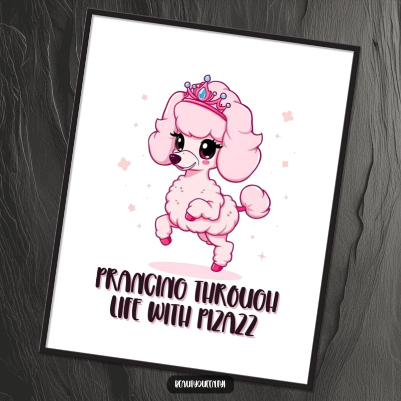 Funny Free Printable Wall Art of a fluffy pink poodle with a tiara, prancing energetically and scattering iridescent sparkles.
