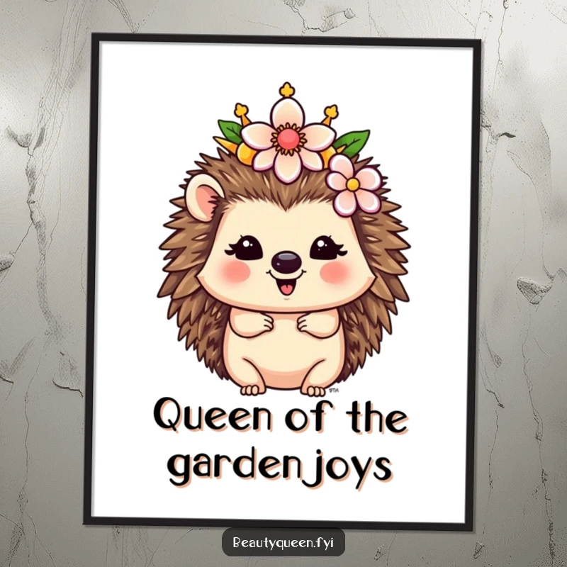 Funny Free Printable Wall Art: Happy Hedgehog queen adorning her crown with a whimsical flower, adding charm.