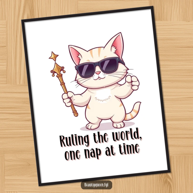 Funny Free Printable Wall Art of a cartoon cat wearing sunglasses, holding a scepter and striking a dramatic pose with awesome flair.