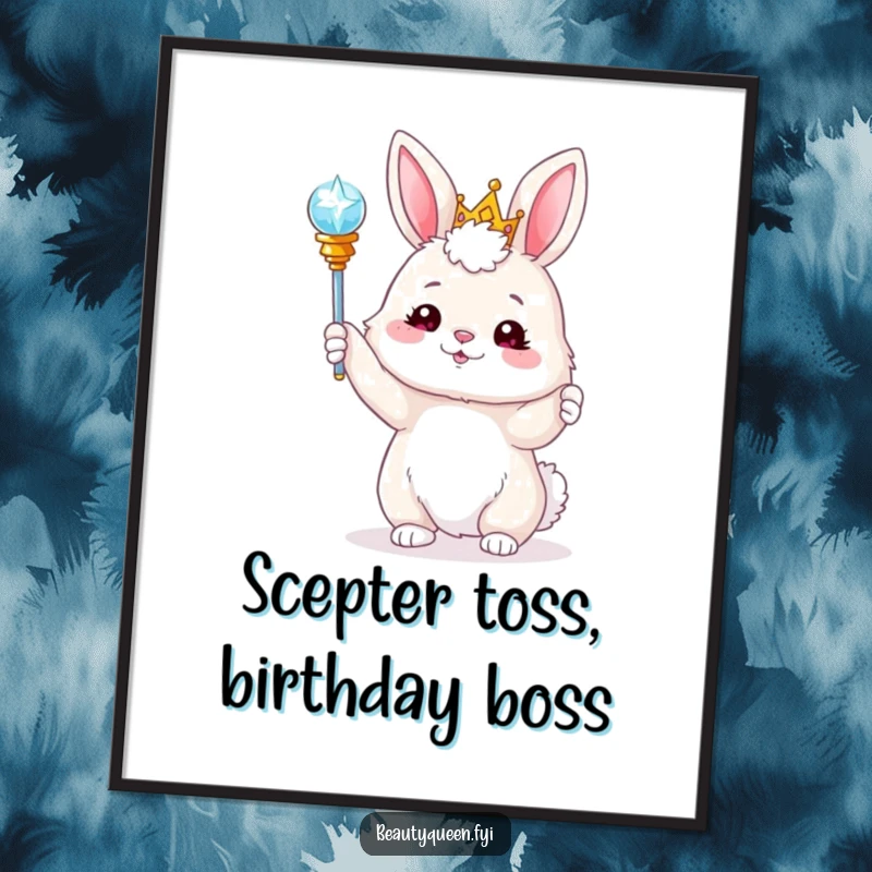 Funny Free Printable Wall Art: A fluffy bunny in a tiara playfully tossing a sparkling scepter, bringing downloadable enchantment and charm.