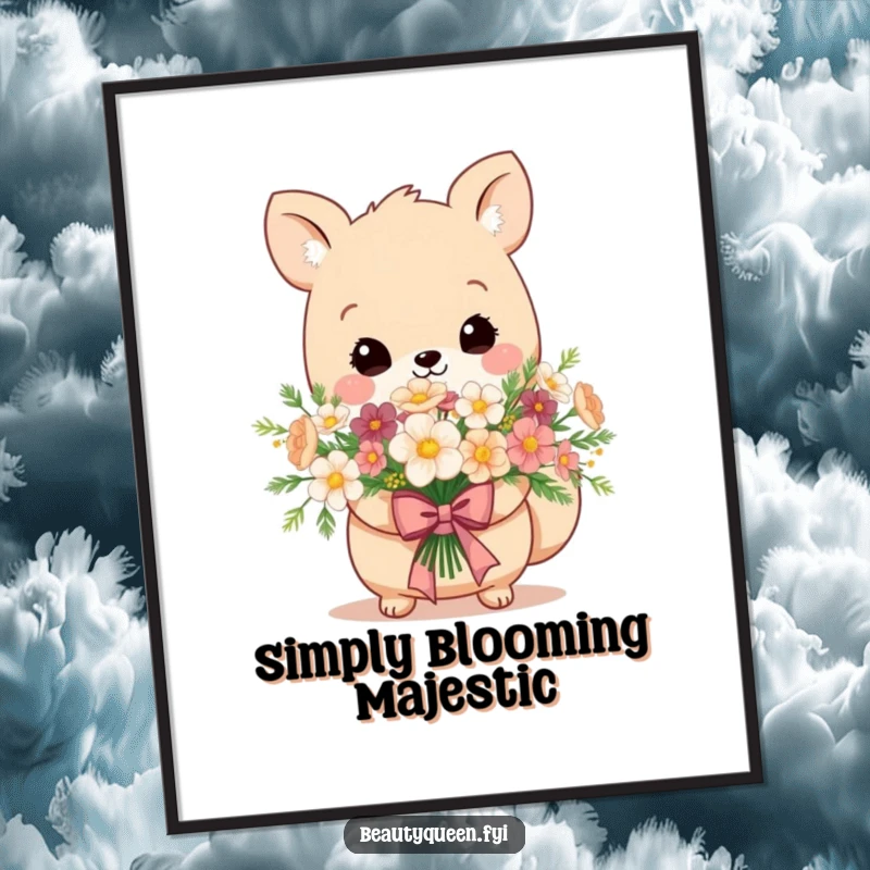 Funny Free Printable Wall Art features an adorable animal holding a bouquet of flowers tied with a regal bow, adding whimsical charm to any room.