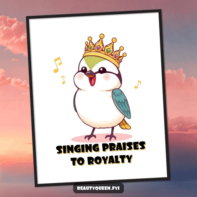 Funny Free Printable Wall Art: Charming Chickadee in royal headdress chirping a happy tune, adding musical charm.