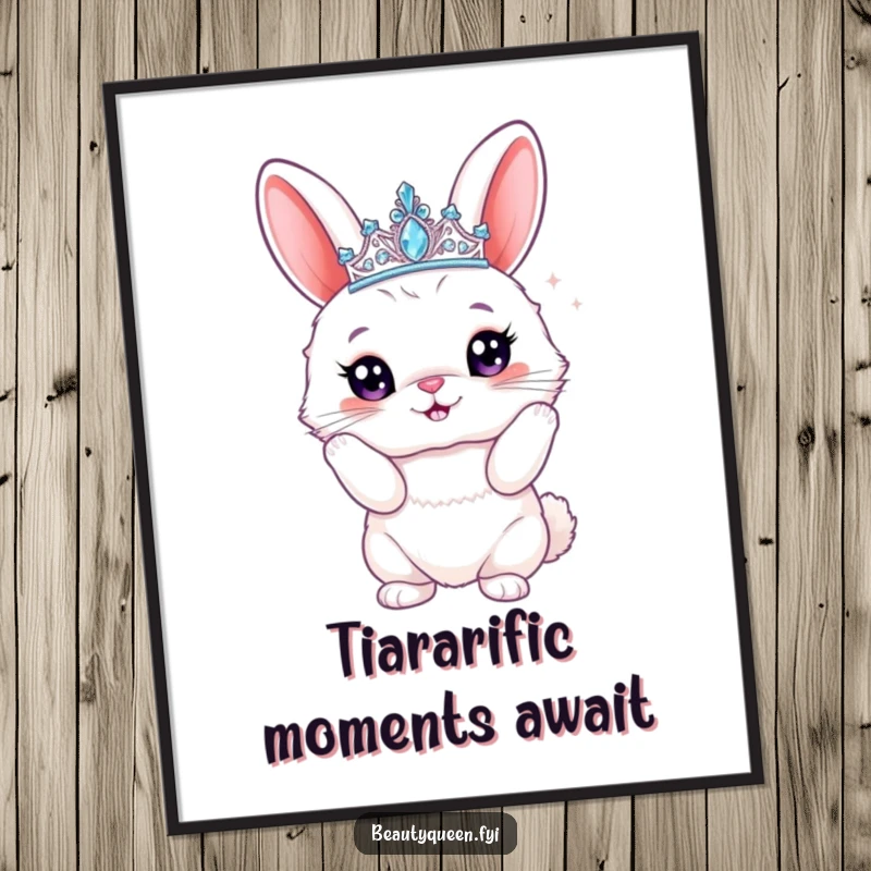 Funny Free Printable Wall Art: A fluffy bunny wearing a sparkly tiara strikes a proud pose, a queen of downloadable, humorous decor.