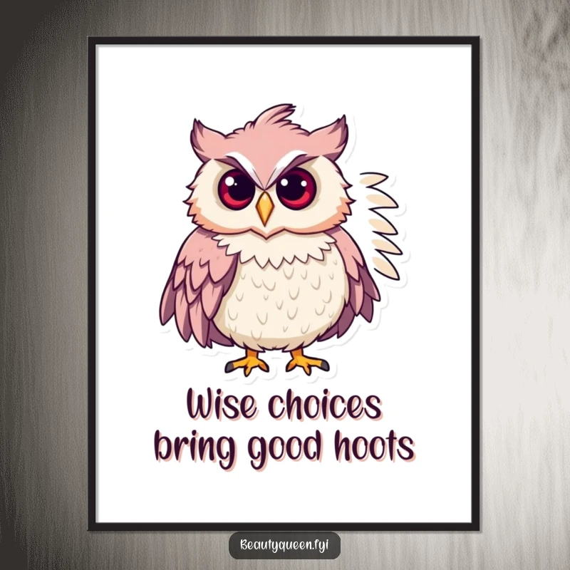 Funny free printable wall art: A chic owl with a feathered boa, posing confidently, bringing glamorous humor to any room. Fashionable bird art.