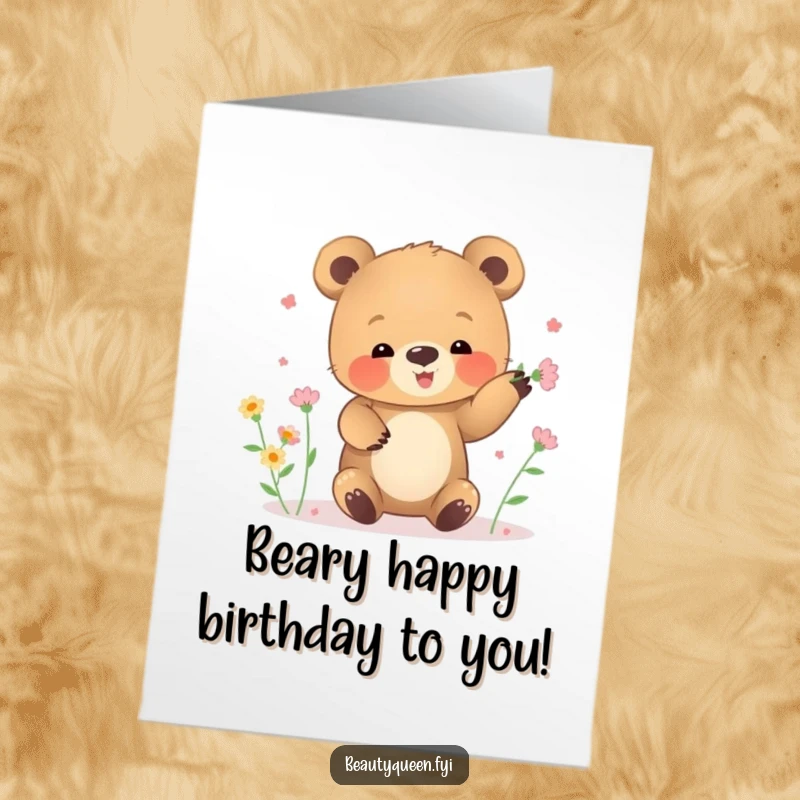 Funny Free Printable Birthday Card: A small bear cub clumsily juggles tiny blooming flowers, wishing a happy birthday.