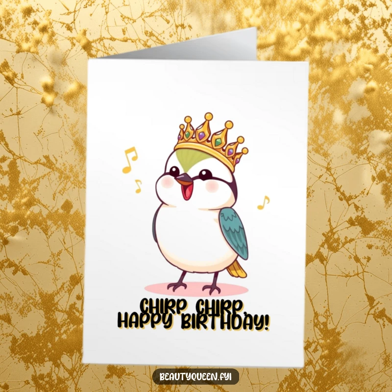 Funny Free Printable Birthday Card: Charming Chickadee in royal headdress chirping a happy tune, spreading birthday cheer.