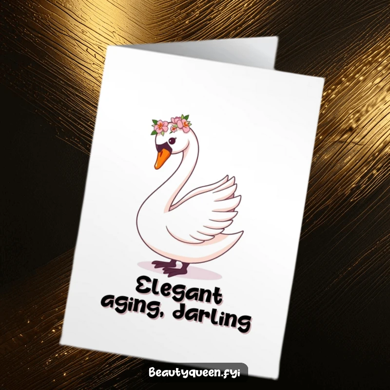 Funny Free Printable Birthday Card featuring a graceful swan elegantly curtseying while wearing a lovely flower crown, exuding charm.