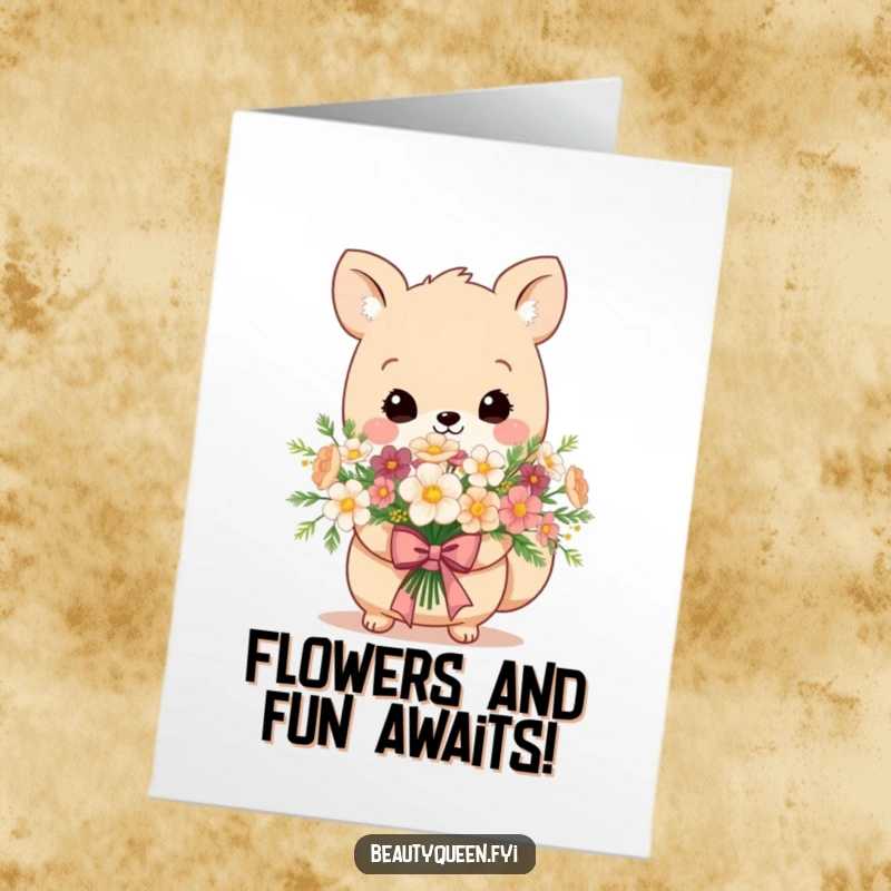 Funny Free Printable Birthday Card with an adorable animal holding a flower bouquet tied with a regal bow, perfect for a humorous birthday celebration.