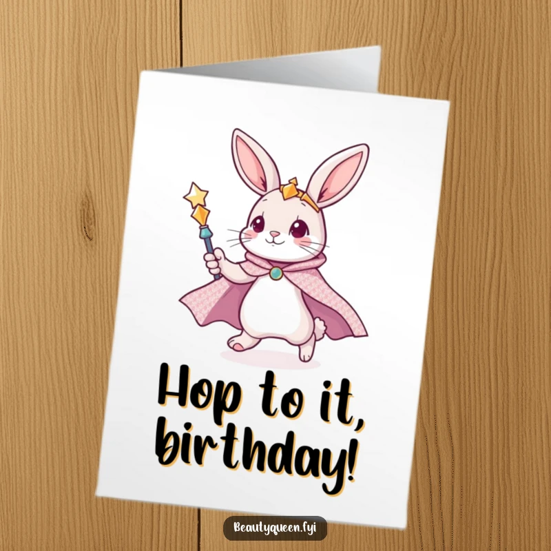 Funny Free Printable Birthday Card: A cute bunny in a cape zooms with a scepter, a magical and humorous downloadable greeting.