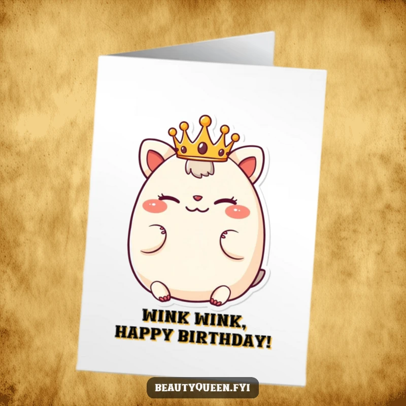 Funny Free Printable Birthday Card features a chubby animal character wearing a tiny crown and winking playfully, offering a humorous birthday greeting.