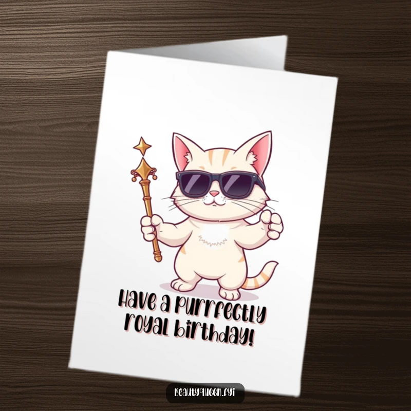 Funny Free Printable Birthday Card featuring a cool cartoon cat in sunglasses, striking a regal pose with a scepter for birthday wishes.