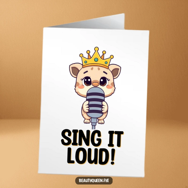 Free Printable Birthday Card: Curious animal with askew crown, peering over a microphone, ready to celebrate.
