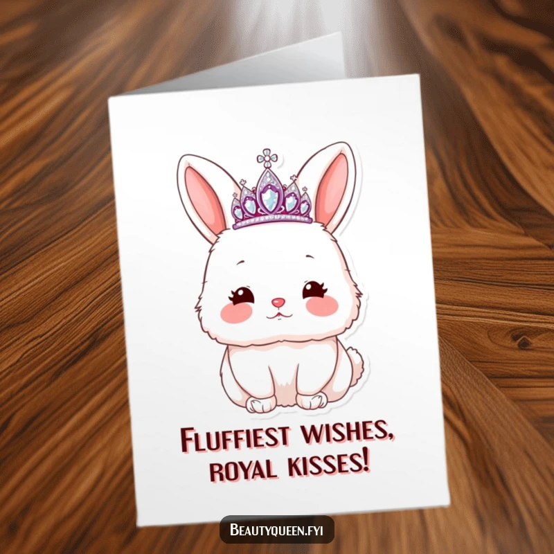 Funny Free Printable Birthday Card featuring a fluffy rabbit with a tiara blowing a kiss, rosy cheeks, downloadable art DIY gift.
