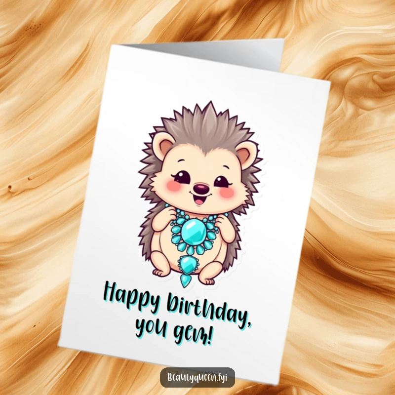 Funny Free Printable Birthday Card: Smiling hedgehog adjusts an oversized jeweled necklace, ready for a glamorous birthday.